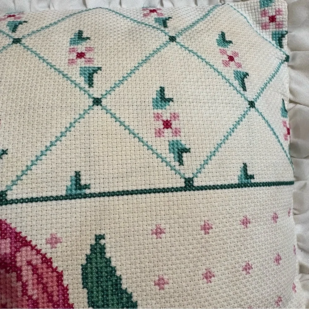 Vtg‎ Floral Cross-Stitch Needlepoint Tapestry Pillow Easter 15x16 Cottagecore